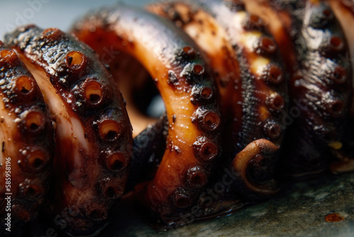 Macro shot of grilled octopus tentacle, with intricate details of its suction cups and texture, generative ai