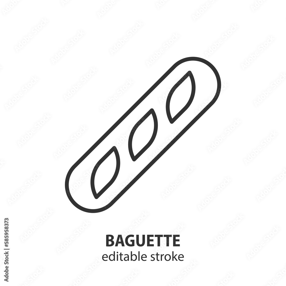 Baguette line icon. French bread loaf outline vector symbol. Breakfast sign. Editable stroke.