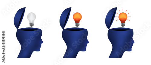 Blue open minded character set with lightbulb. 3d idea concept illustration to use in business, logical thinking, open mind and knowledge concept projects and presentations.
