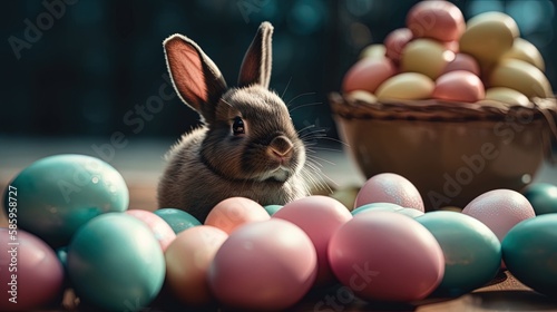 Adorable 8K Easter Bunny illustration with playful scenes Surrounded by vibrant colorful Easter egg soft colors  and bold outlines.