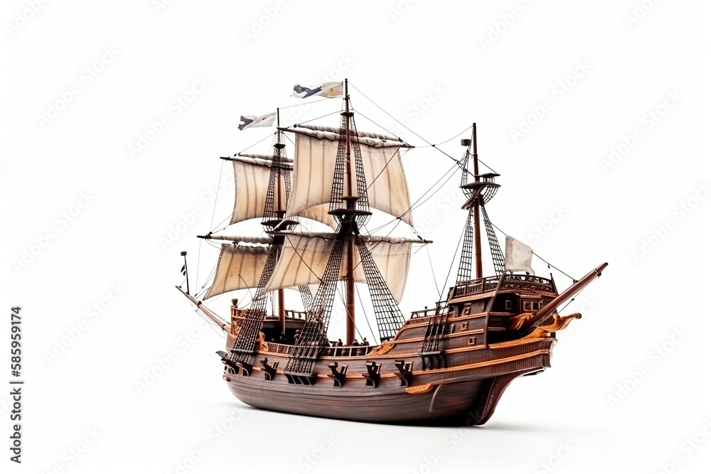 A galleon sailing ship from the 16th century is shown on a white background. The model typically comes with a base for exhibiting and may have tiny cannons, rigging, and sails as additional features. A galleon sailing ship from the 16th century is shown on a white background. The model typically comes with a base for exhibiting and may have tiny cannons, rigging, and sails as additional features.