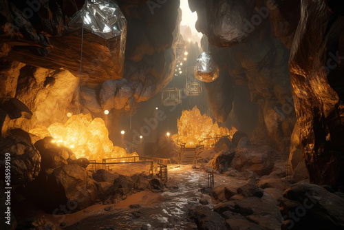 Fantasy gold mine cave. Generative Ai photo