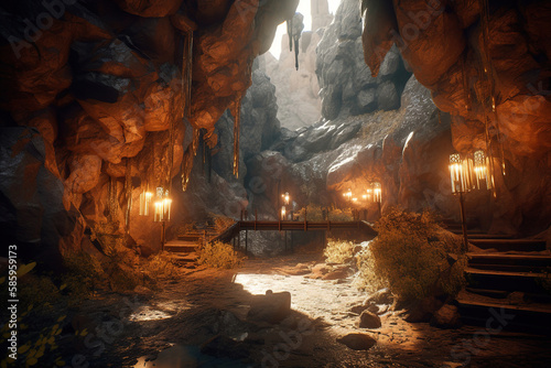 Fantasy gold mine cave. Generative Ai