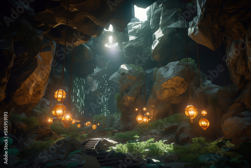 Fantasy gold mine cave. Generative Ai