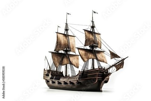 On a white background is a 16th century pirate ship model. It is a miniature copy of a traditional pirate boat with authentic design features and delicate details.