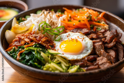 macro shot of Bibimbap's deliciously seasoned and grilled beef, paired with a vibrant assortment of vegetables and a runny egg, generative ai