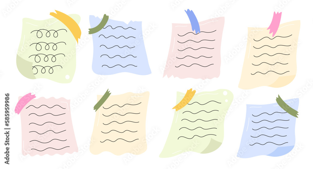 Paper empty sheet in doodle style. Sketch stikers vector illustration for notes. To do list, memo pages. Doodle checklist set. Blank bullet