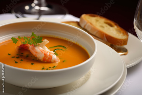 Macro shot of a small dish of lobster bisque soup with a slice of crusty bread and a sprig of parsley on the side, generative ai