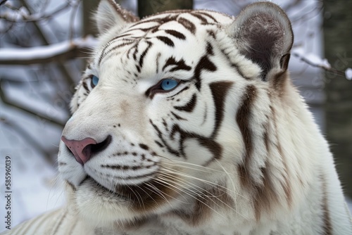 white tiger's piercing blue eyes and powerful jaws emerge from the snowy Indian forest, creating a striking contrast against the serene, winter landscape.