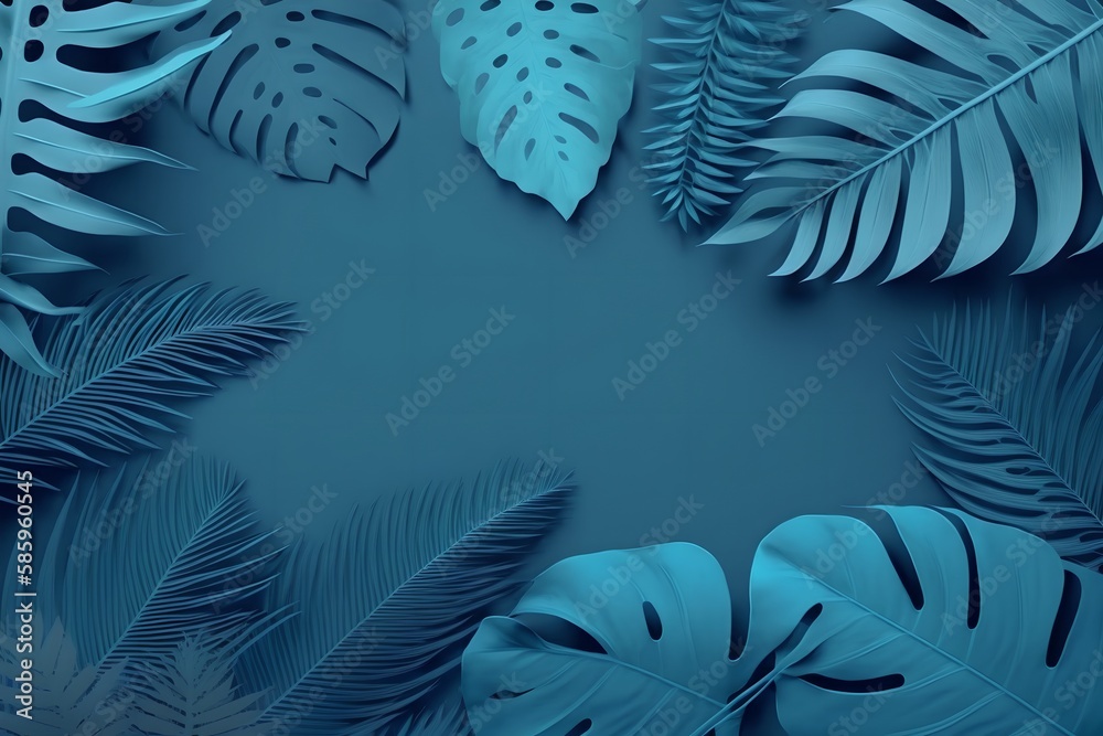 Summer background of tropical leaves in blue, empty space in the center, generative ai