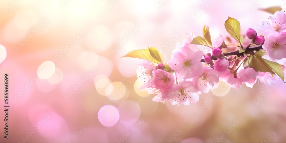 Spring banner, branch of blossoming cherry, beautiful nature outdoors, copy space, generative ai illustration Spring banner, branch of blossoming cherry, beautiful nature outdoors, copy space, generative ai illustration