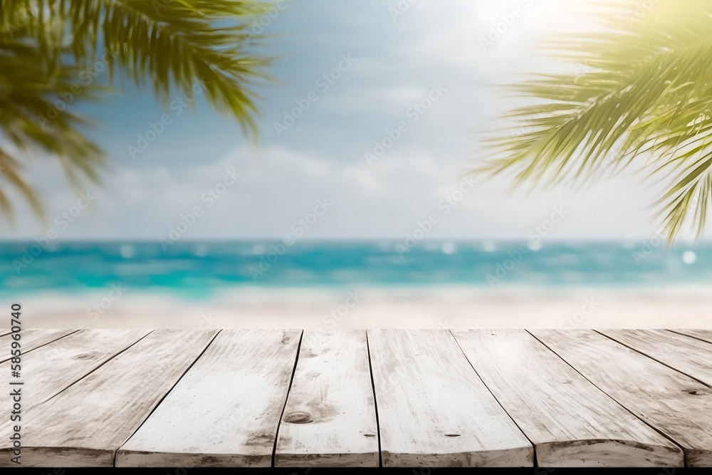 Fototapeta premium Wood table top with seascape and palm leaves, beautiful view tropical beach background, generative ai