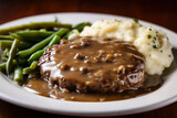 Macro shot of a mouth-watering hamburger steak smothered in a rich gravy with a side of buttery mashed potatoes and green beans, generative ai