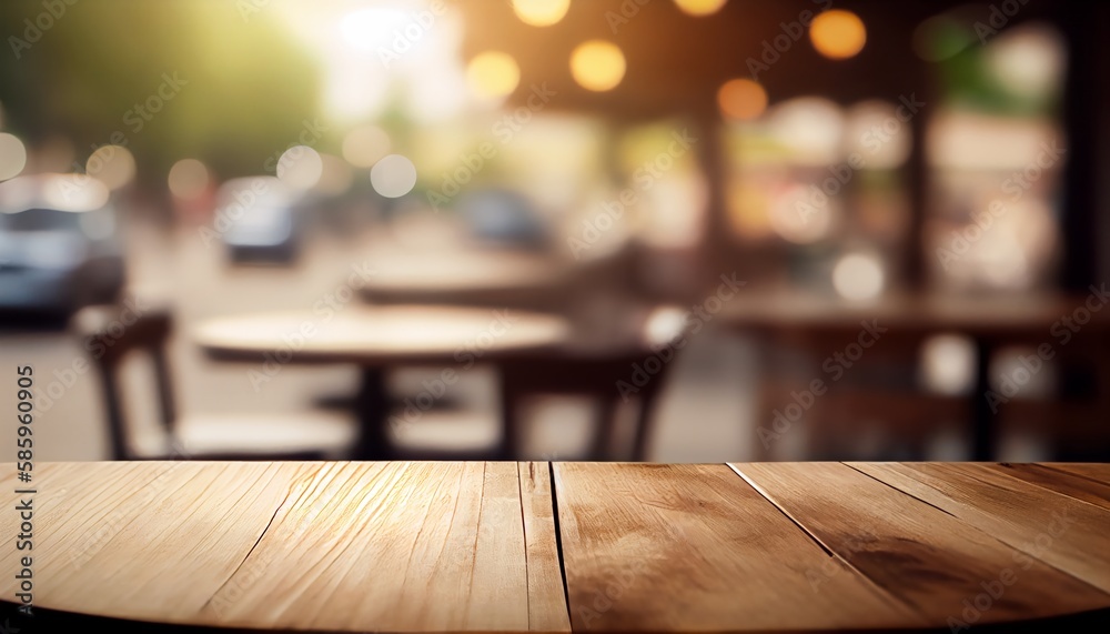 Empty wooden table with blurred background of outdoor cafe or coffee shop. Empty wooden table with blurred background of outdoor cafe or coffee shop.