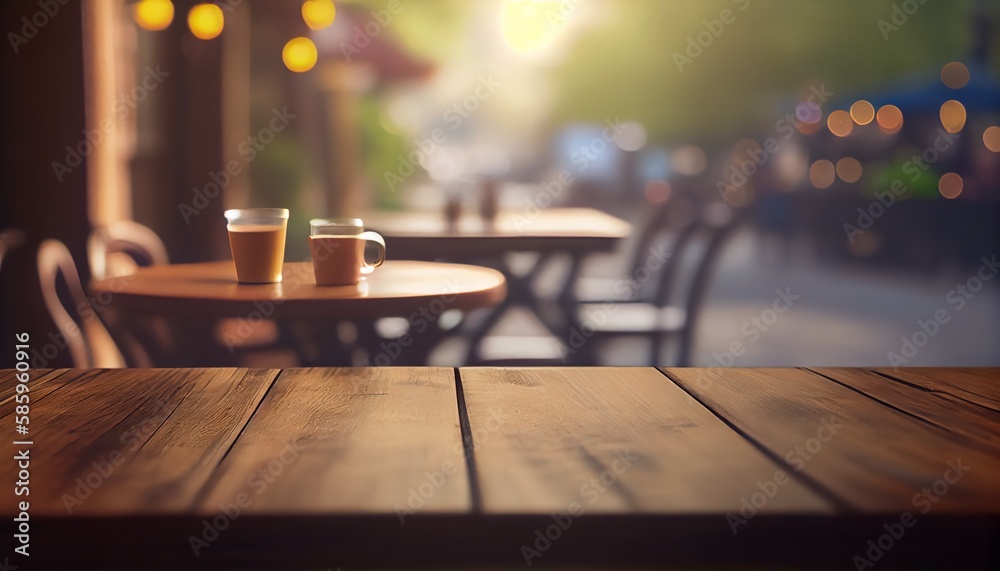 Empty wooden table with blurred background of outdoor cafe or coffee shop.
