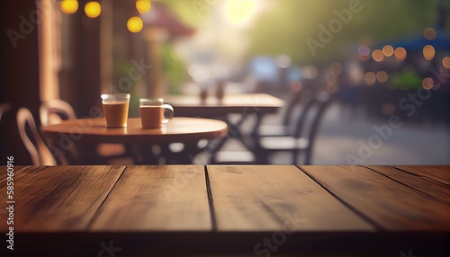 Empty wooden table with blurred background of outdoor cafe or coffee shop.