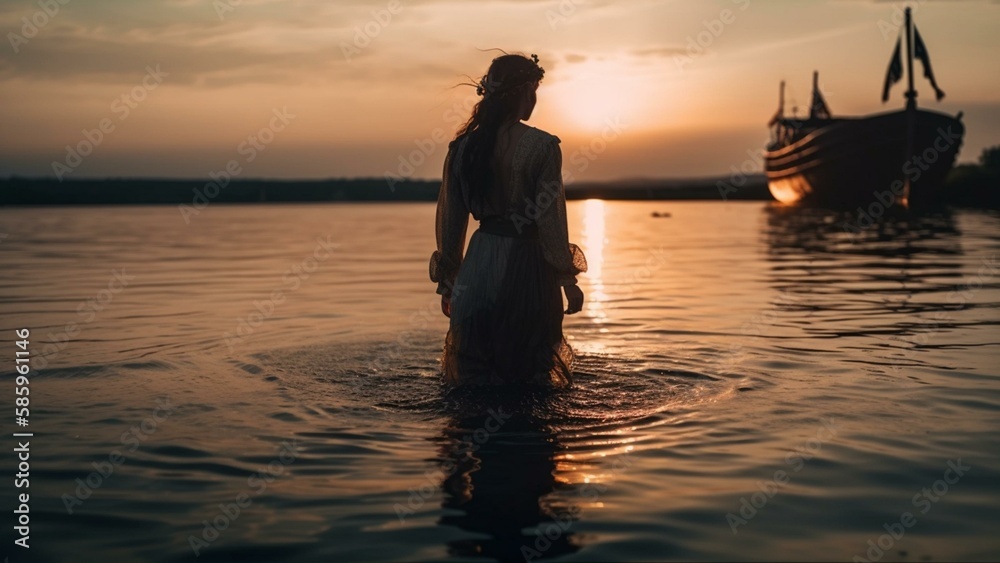 a girl woman waiting a help from boat ship cinematic sunset scene stunning view