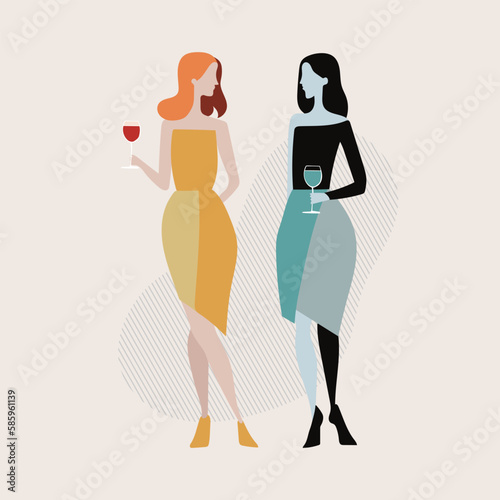 Two beautiful women friends drinking wine. Girls celebration together. Vector