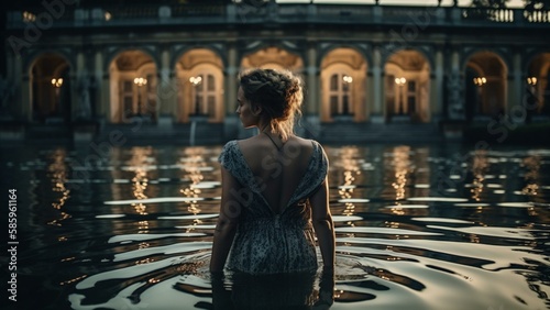 a woman in sea walking for revenge in eclipse beatiful cinematic scene  pool in hotel © liliana