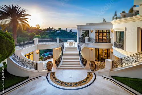 Villa in Beverly Hills, California. Holiday in Los Angeles. Luxyry villa room interior house in Beverly Hills. Modern interior apartment buildings, Facade exterior design. Ai generative illustration.