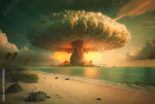 Nuclear tests on tropical islands conducted by various countries during the mid-20th century on remote islands in the Pacific and Atlantic Oceans. These tests caused significant environmental damage. photo