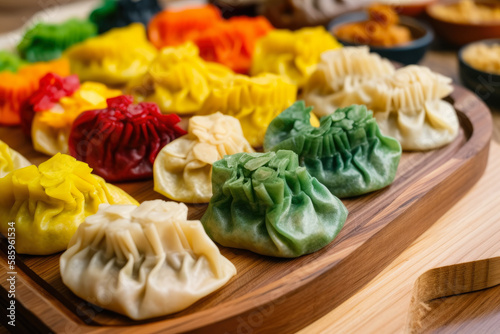 macro shot of a colorful assortment of dumplings, with vibrant fillings peeking out from the delicate, pleated wrappers, arranged on a wooden board, generative ai