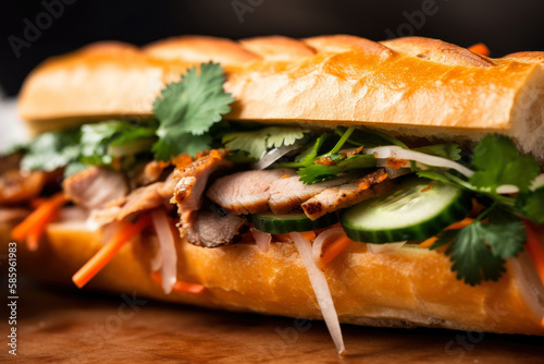 macro shot of a Banh Mi sandwich with a crispy baguette, juicy grilled pork, pickled cucumber, jalapeño, and fresh herbs, generative ai