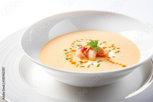 Lobster bisque soup in a white bowl with a garnish of parsley and a hint of paprika on top, generative ai