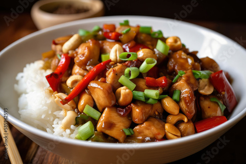 Kung Pao chicken on a bed of steaming white rice with spicy red peppers, diced peanuts, and crispy green onions, generative ai