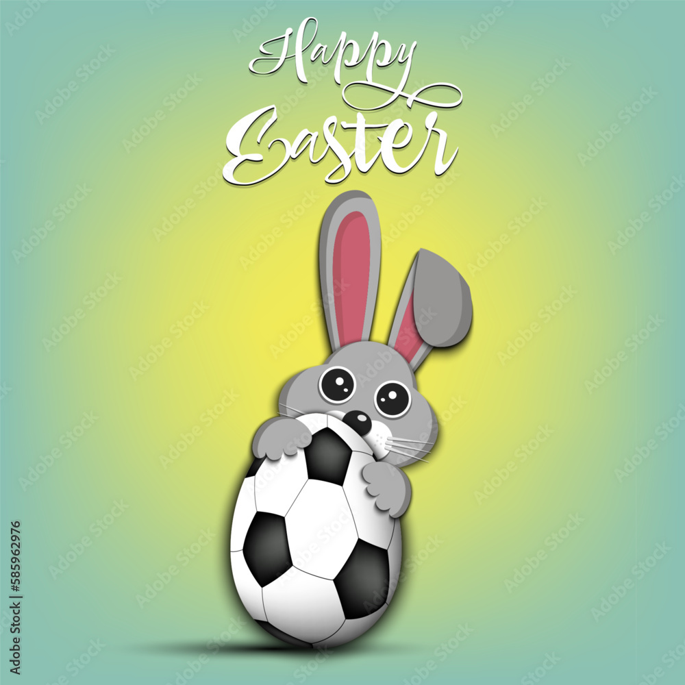 Obraz premium Happy Easter. Rabbit with egg shaped soccer ball
