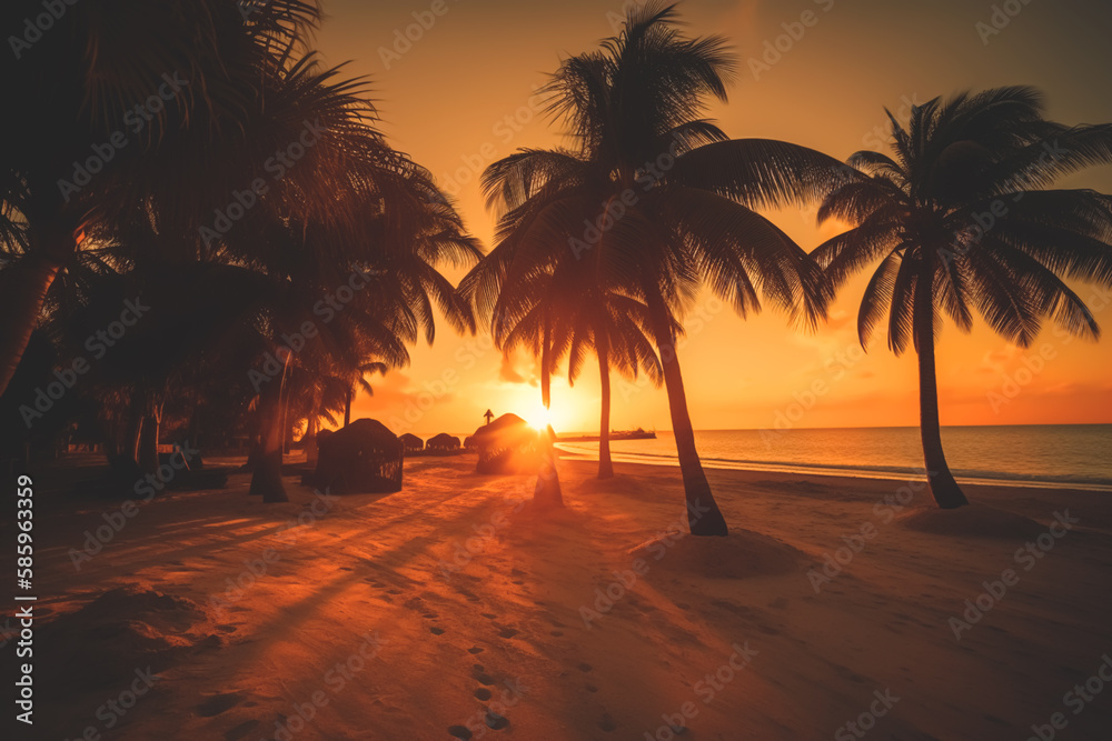 Beach on islands with palm trees on sunset. Eagle Beach in Oranjestad, Aruba. Resort on Caribbean Palm Beach. Coastline at ocean. Waves at sea sand beach. Ai generative illustration.
