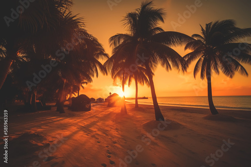 Beach on islands with palm trees on sunset. Eagle Beach in Oranjestad, Aruba. Resort on Caribbean Palm Beach. Coastline at ocean. Waves at sea sand beach. Ai generative illustration.