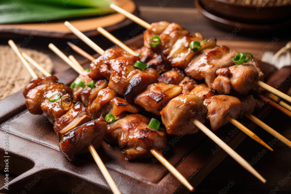 Juicy and succulent yakitori skewers with a sticky glaze, garnished with green onions and served on a rustic wooden platter, generative ai