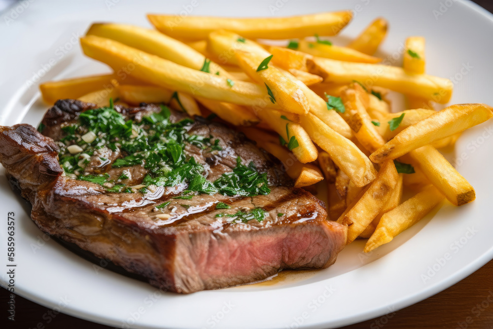 Juicy and succulent medium-rare steak frites served on a white plate with a side of crispy golden fries and a sprig of fresh parsley on top, generative ai