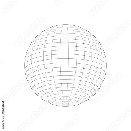 Mesh 3D sphere icon. Wireframe of orb model, spherical shape, ball. Earth globe figure with longitude and latitude, parallel and meridian lines