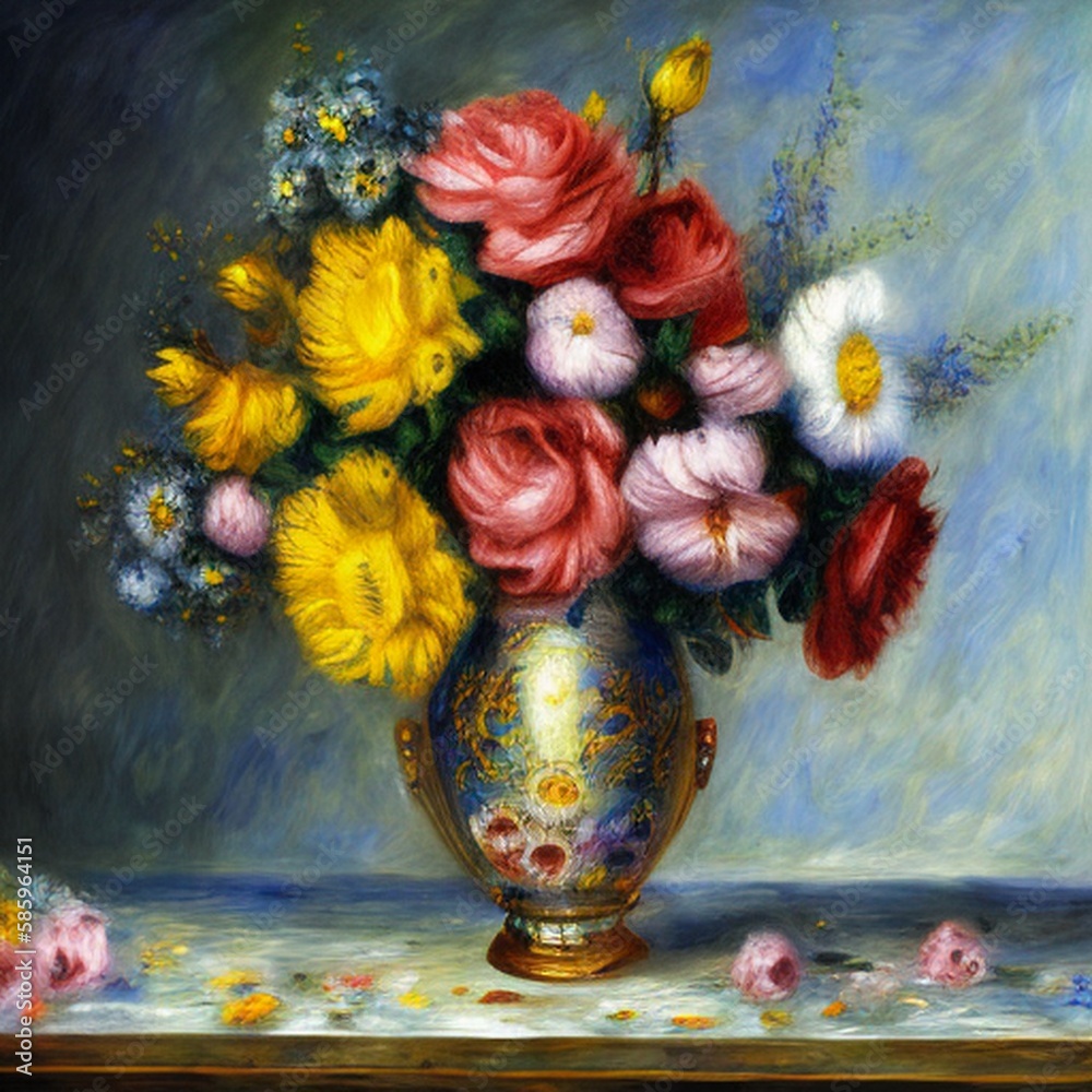 Still life with a bouquet in a vase in the style of old oil painting ai ...