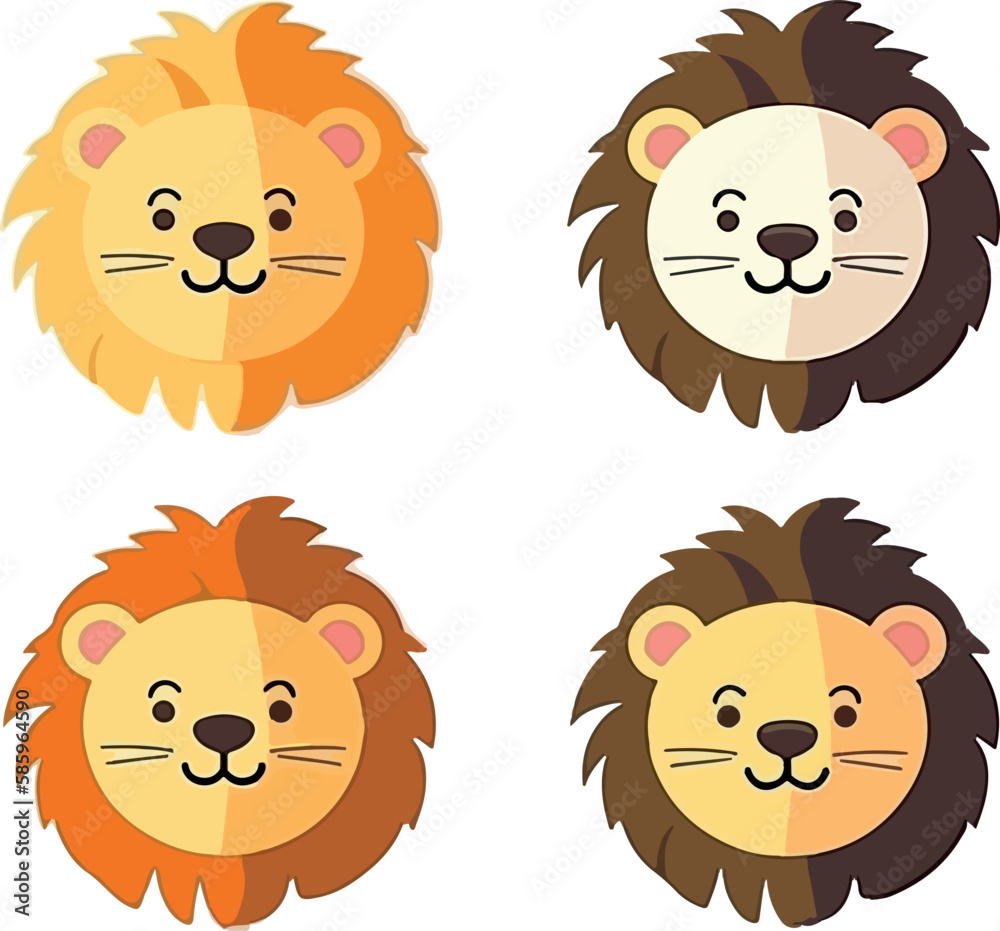 Cute little lion doodle illustration set of funny safari animals on isolated background. Sweet jungle lions sticker collection for baby design or children decoration