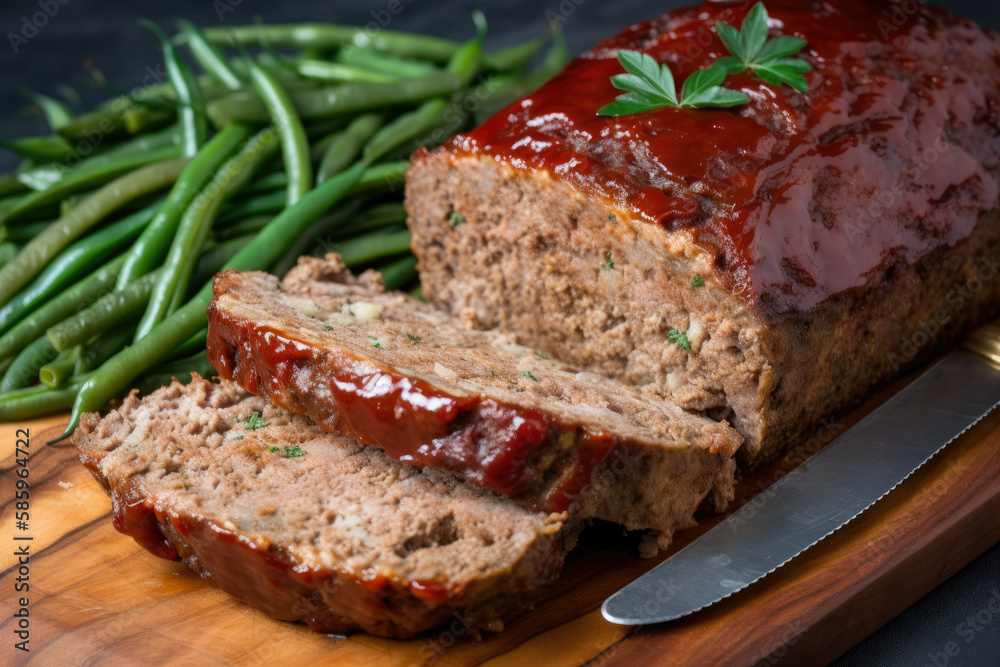 Hearty meatloaf made with ground beef, pork, and veal, served with a side of buttery garlic green beans, generative ai
