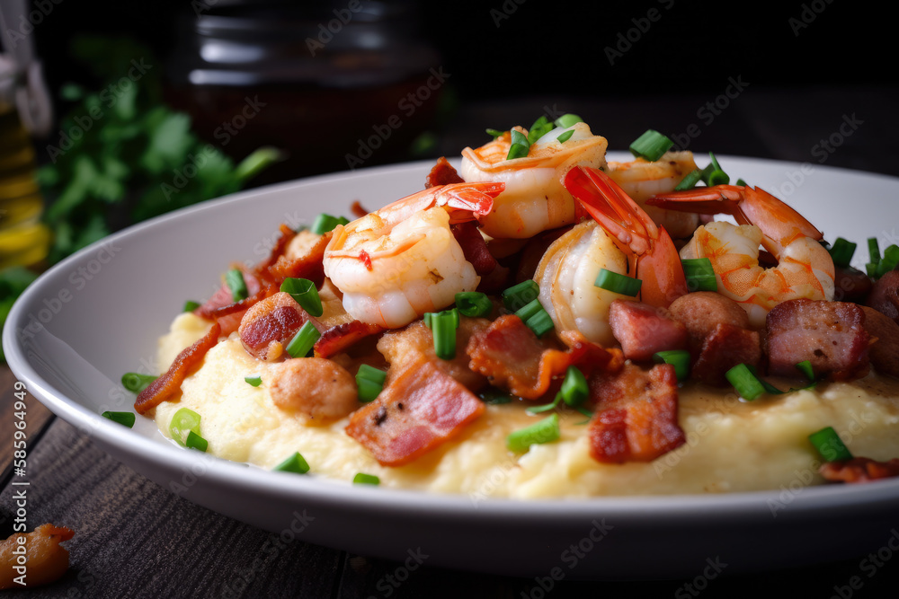 Hearty and Delicious Shrimp and Grits with a Sausage and Bacon Twist, generative ai