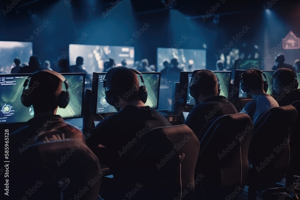 World Cup.Cybersport team involved in online tournament in gaming club . Team of professional cybersport gamers in gaming tournament Generative AI
