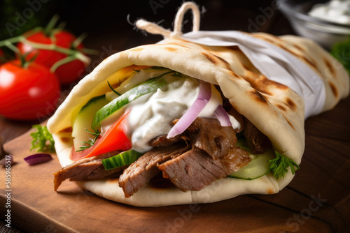 Greek gyro sandwich with juicy, seasoned meat, fresh vegetables, and creamy tzatziki sauce wrapped in warm pita bread, generative ai photo