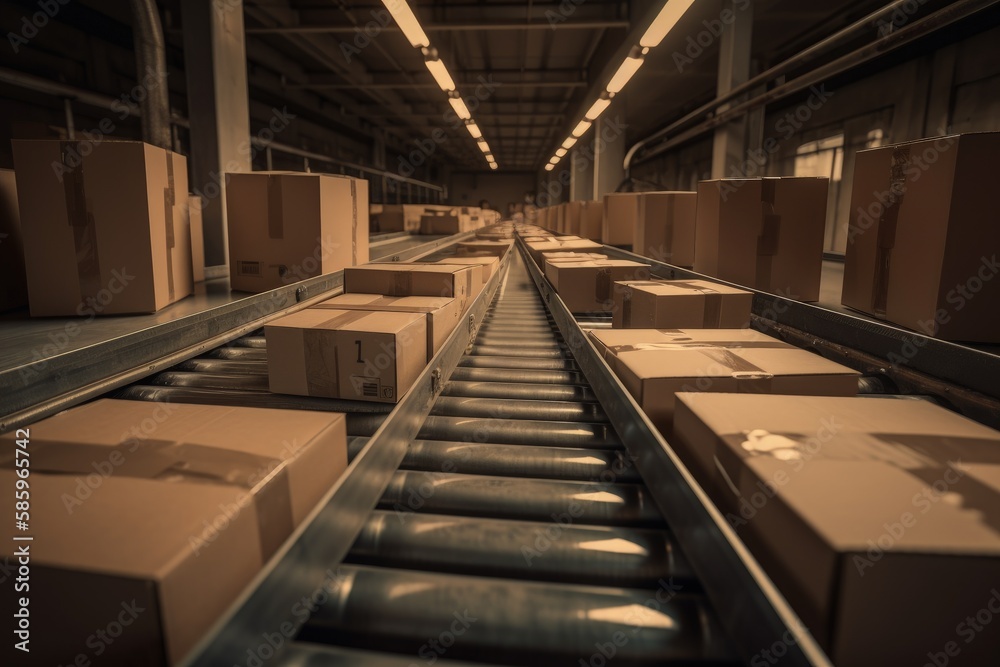 Industrial conveyor belt with cardboard boxes and packages, Generative AI