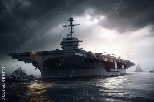 Aircraft carrier on the high seas, War ship, Generative AI