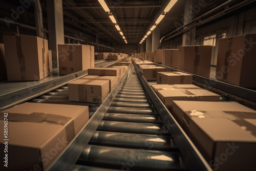 Industrial conveyor belt with cardboard boxes and packages, Generative AI
