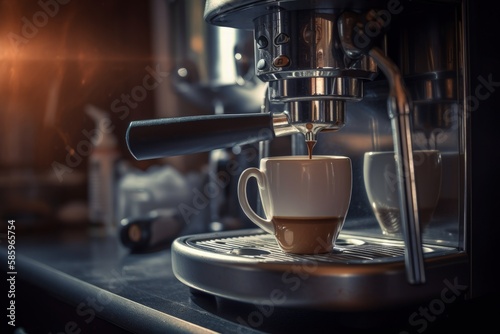 Coffee maker with cup of cappuccino, coffee machine, close-up view of coffee cup, Generative AI 