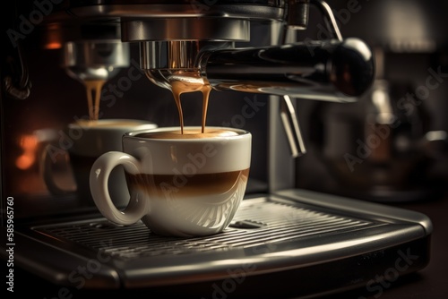 Coffee maker with cup of cappuccino, coffee machine, close-up view of coffee cup, Generative AI 