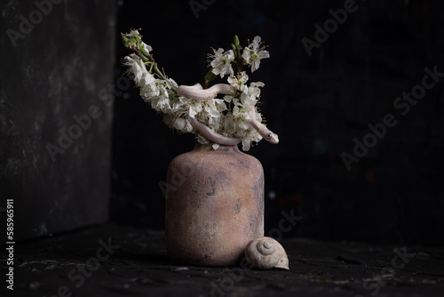 still life with flowers, plants, isolated, pattern, snake, still life, interior, modern, decor, beautiful, poster, organic, art, set, nature, abstraction, banner, painting, illustration, color, design