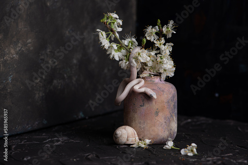 still life with flowers, plants, isolated, pattern, snake, still life, interior, modern, decor, beautiful, poster, organic, art, set, nature, abstraction, banner, painting, illustration, color, design