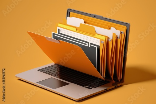 Laptop and file folder, yellow background, Generative AI