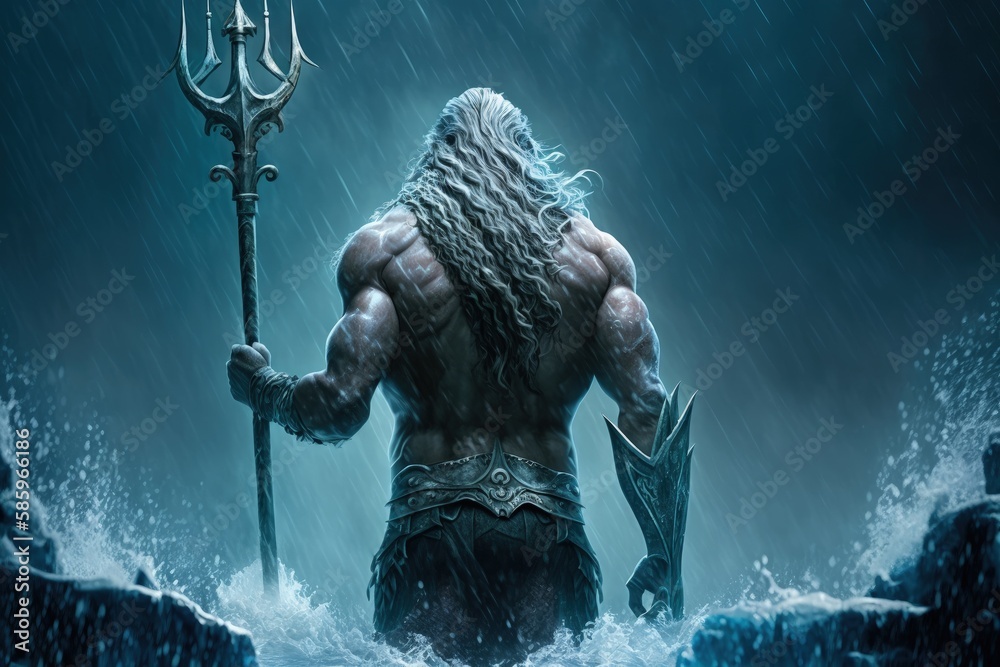 Poseidon with his trident in the sea, Poseidon in the water with his